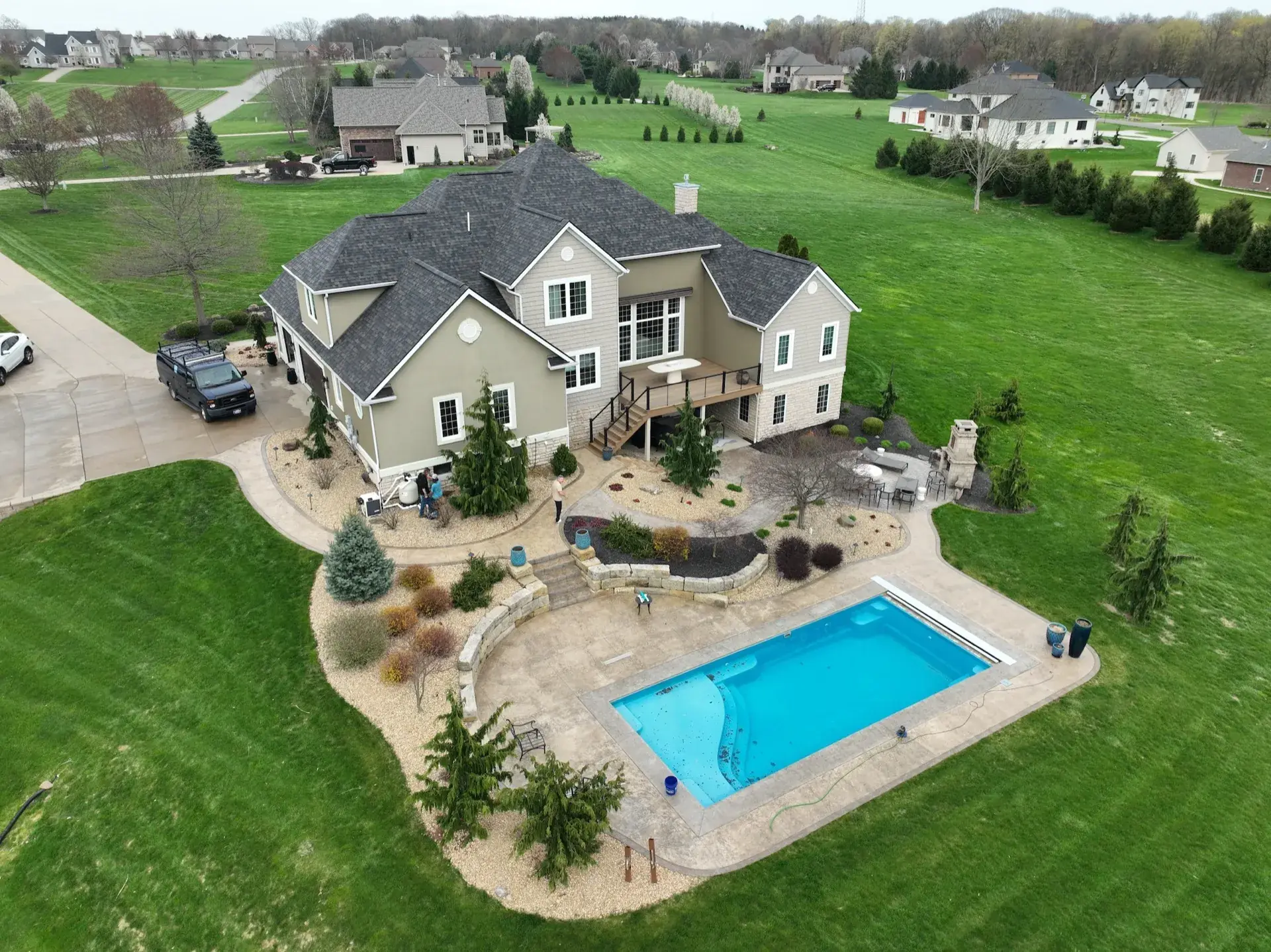 Completed roof. Lakefront property aerial