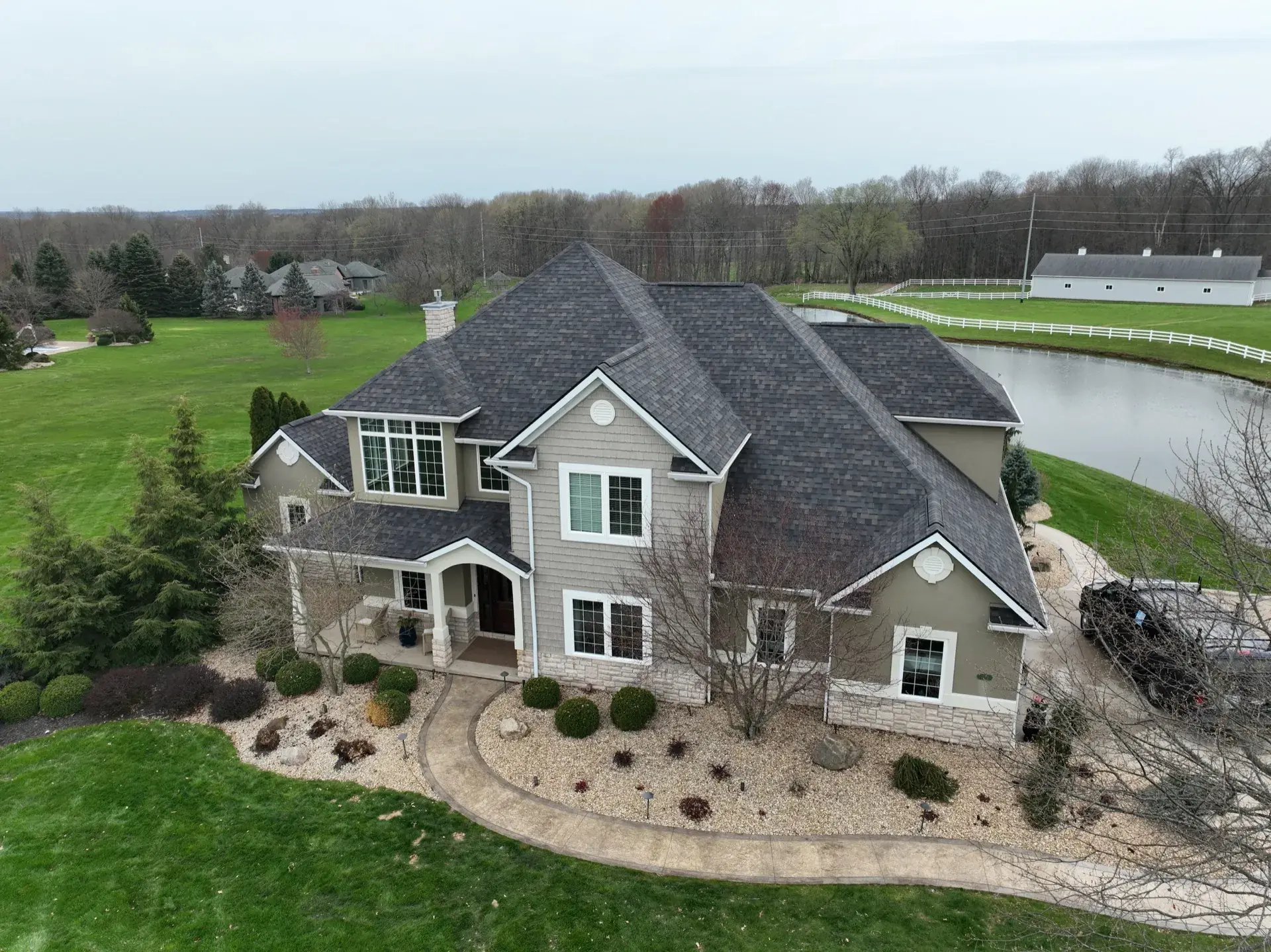 Completed roofing project aerial view