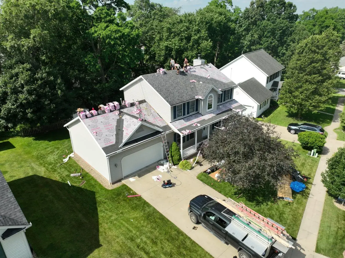 Completed shingle roof. Drone aerial