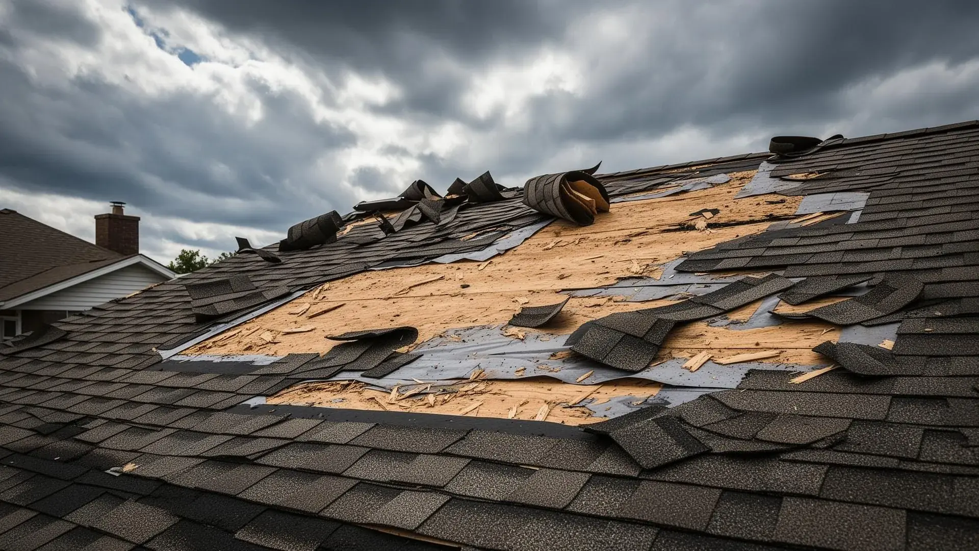 Wind damage to roof shingles — free inspection